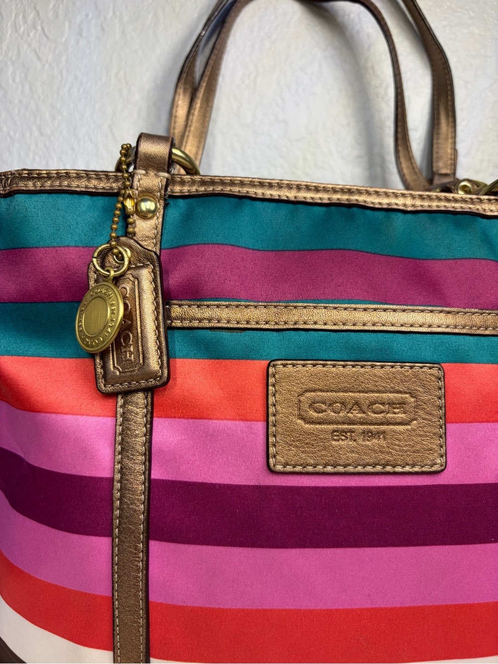 COACH LEGACY Multicolor Striped SATEEN Tote with Gold/ Bronze Trim. 2 Hangtags!! - Picture 3 of 16
